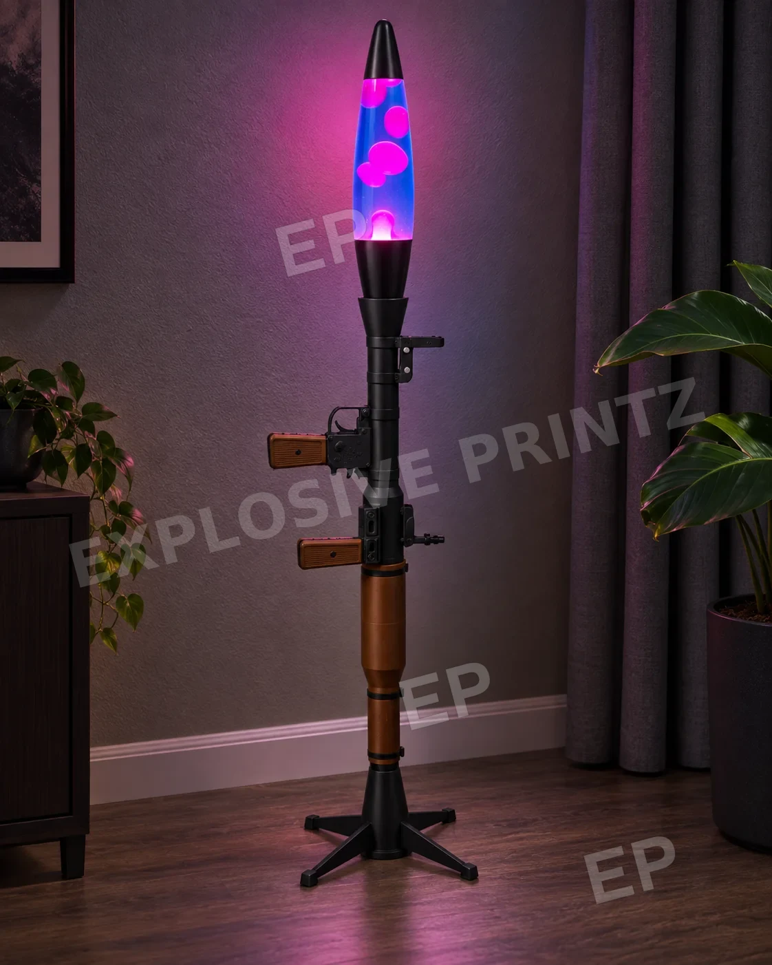Pink lava lamp display in a styled room setting