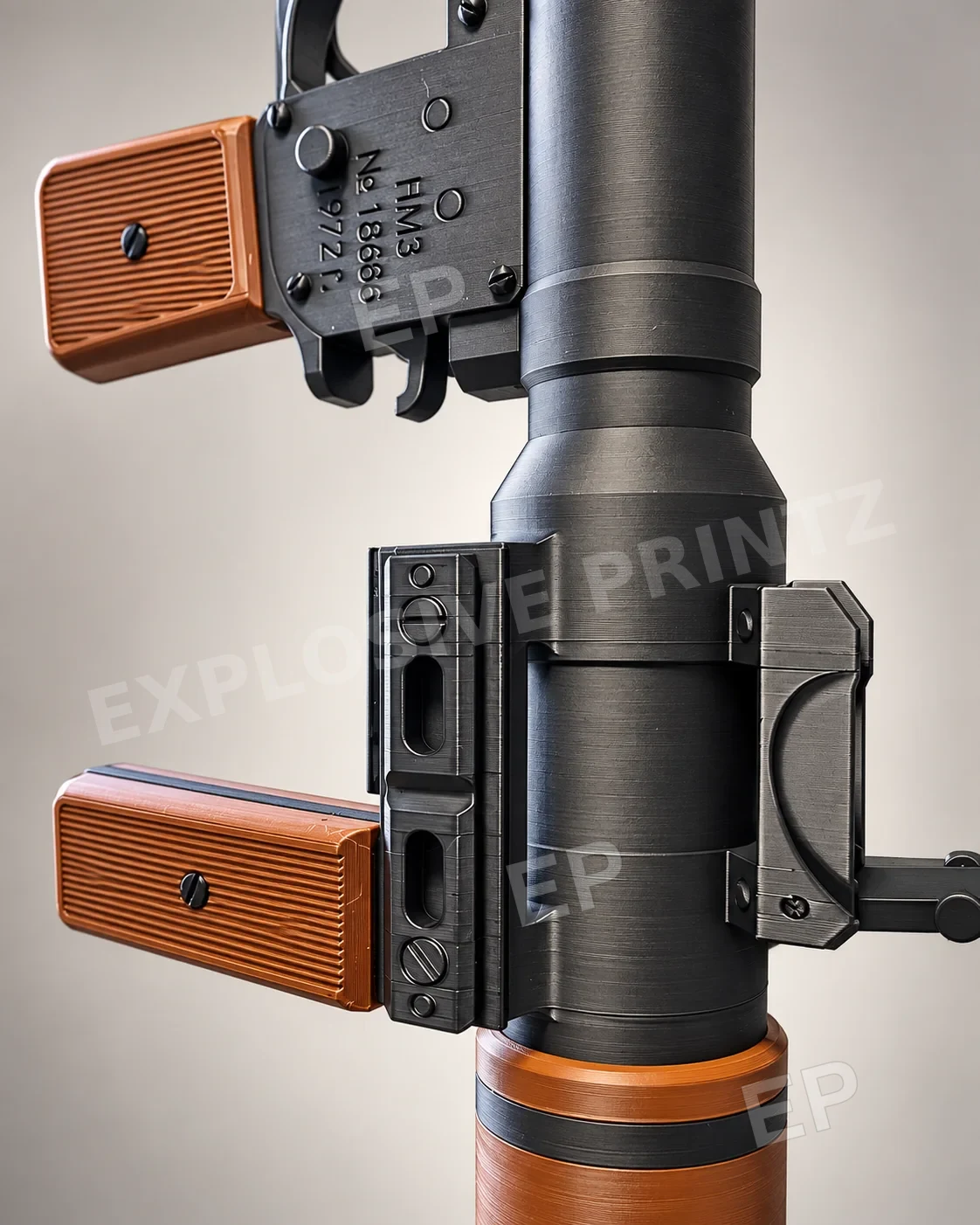Close-up of 3D printed details and brown grips