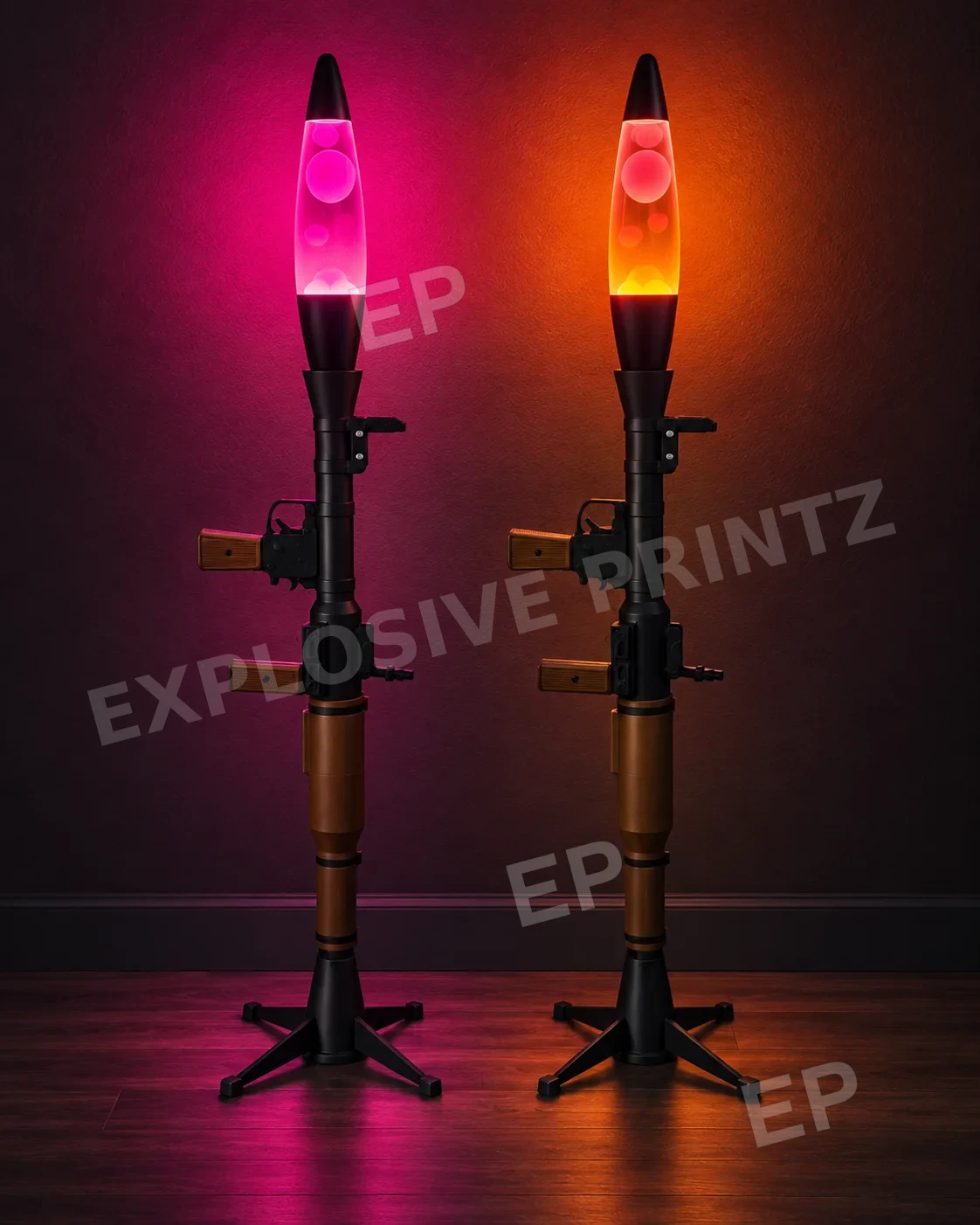 Pair of RPG-inspired lava lamp display pieces in pink and orange